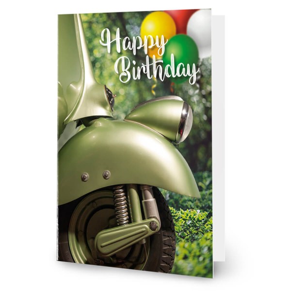 Happy Birthday mit Retro-Roller und Luftballons