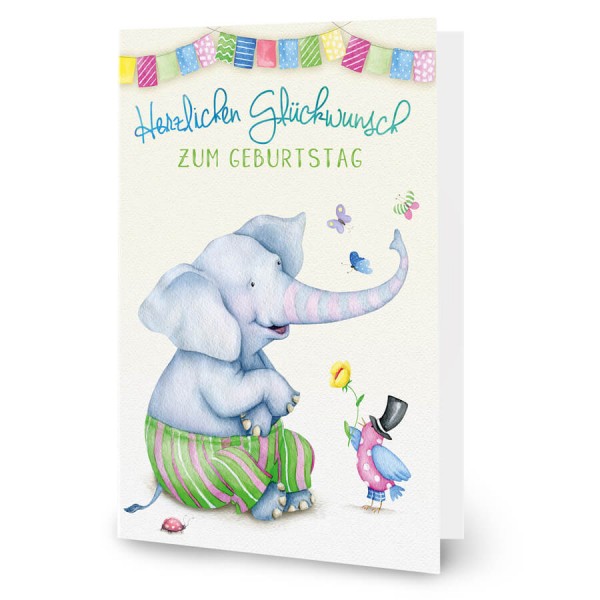 Elefant, Vogel, Schmetterlinge und Marienkäfer feiern Geburtstag